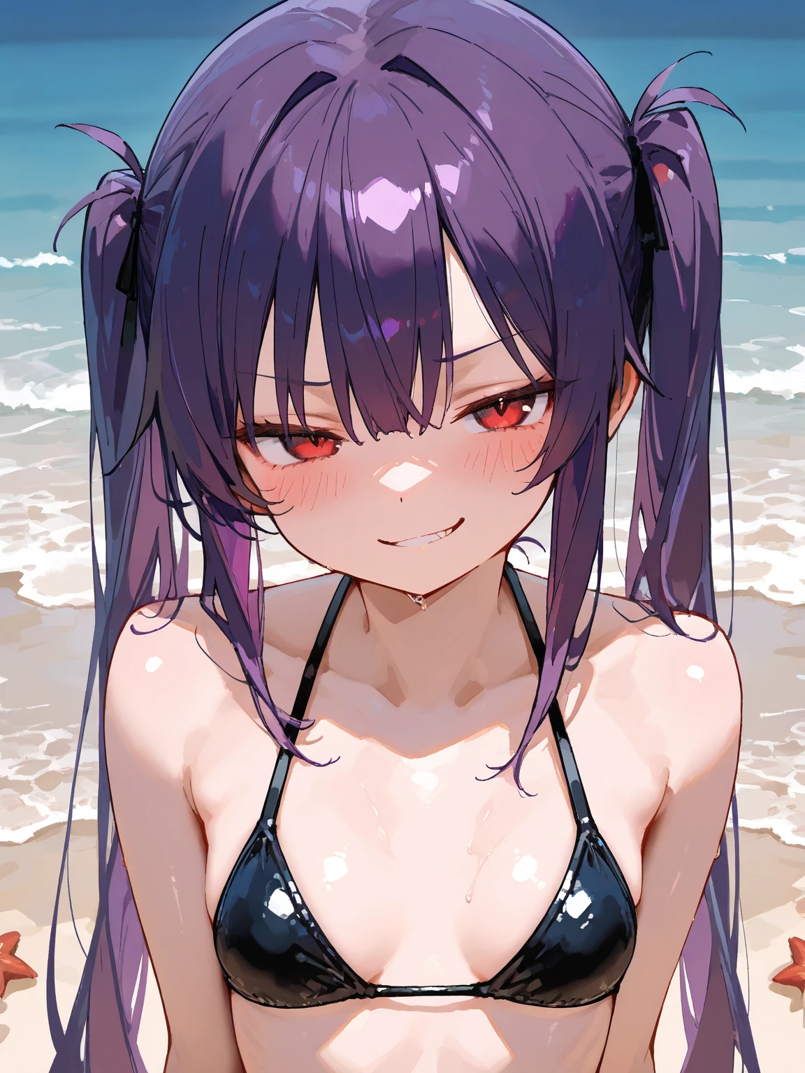 Yuki Konno, Yuki Konno, hair band, long hair，ponytail, pointed ears, purple hair, (red eyes:1.5), (small breasts:1.2), flower hair ornament,Ahoge,purple bikini swimsuit,blush,smile,Upper body, whole body,While strolling along the sandy sands of the beach,purple hair fluttering in the breeze,summer,Light of the sun,Palm tree,walking,break outdoors, break (table top:1.2), highest quality, High resolution, unity 8k wallpaper, (figure:0.8), (beautiful and fine eyes:1.6), highly detailed face, perfect lighting, Highly detailed CG, (perfect hands, perfect anatomy),