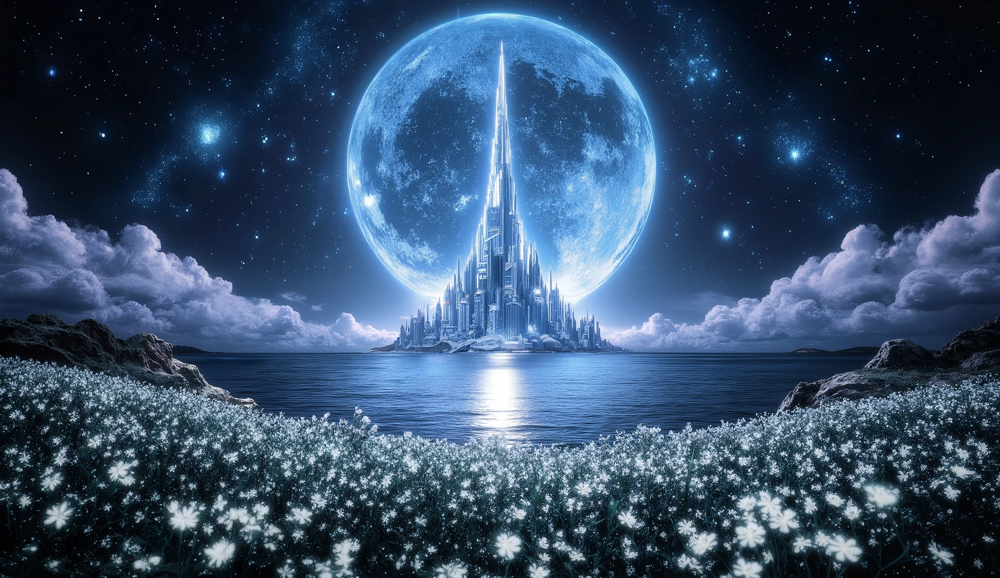 There is an image of a beautiful landscape with a giant moon, impressive fantasy 3D rendering,, an amazing magical city, a large ocean, a large forest of white flowers, a large number of clouds everywhere, a planet in the sky and stars, a very detailed magical city, beautiful forest of white flowers impressive color, clouds all over the landscape, a beautiful planet , wallpaper, 4k, HD, detailed, 8K, Background, arte digital 4k altamente detailed, renderizado octane de 8K estilo fantasía,