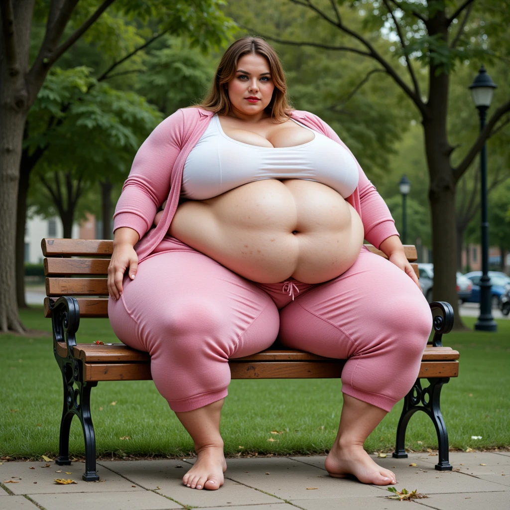 Julia has red hair, a big belly, not naked and looks into the camera, sitting in a miniature city full of people