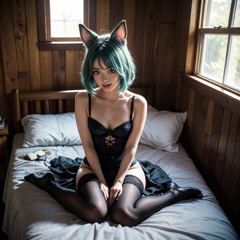 Girl with cat, black cat, pink hair blue eyes, avatar