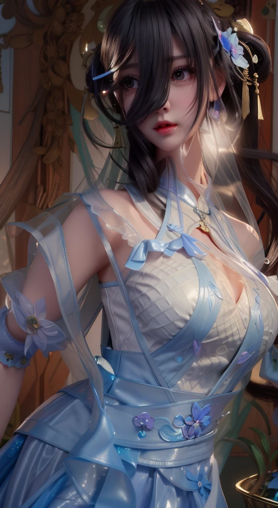 1girl, mature female,long dress, cityscape, looking at viewer, detached sleeves, hair ornament,forehead mark,cowboy shot,high ponytail, metal trim,bra,see-through, Big breasts, white eyes, light blue hair, sexy geshin impactet clothes