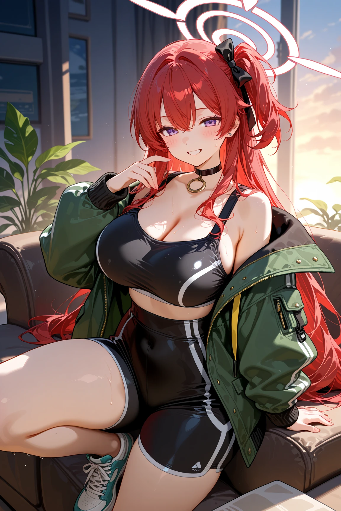 ((masterpiece, best quality)), (1girl),((mature female)), red hair, hairband, bangs, long hair, leotard, , black hairband, shoulder cutout, black thitying hair,curvy,cleavage,confident,nature, sexy