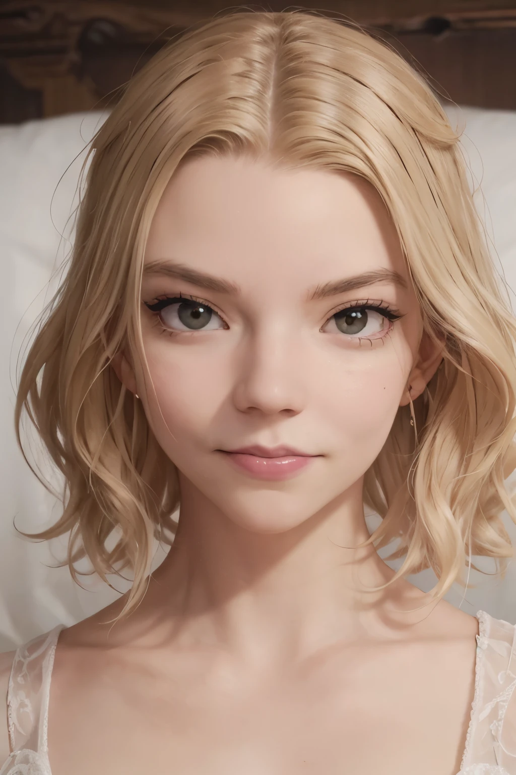 masterpiece, Best Quality, Illustration, Ultra-detailed, finely detail, hight resolution, 8K Wallpaper, Perfect dynamic composition, Beautiful detailed eyes, 内巻きカールヘアー, (blonde wavy short hair:1.2), sneering, mature, (Beautie:1.2), looking at camera, sidelong glance, glares, sullenness, Downer, make up, upper body, (evil grin:1.1), white offshoulder shirt, on the bed, portrait,