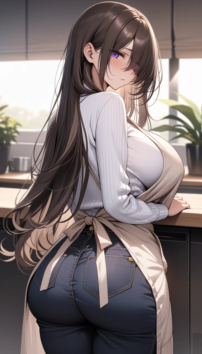 nozomitoujou, nozomi toujou, green eyes, brown hair, curly hair, large breasts, masterpiece, best quality, high resolution, beautiful detailed eyes, extremely detailed face, good lighting, detailed CG, messy hair, worried, (white fishnets), full body, standing, looking back at viewer, shirt