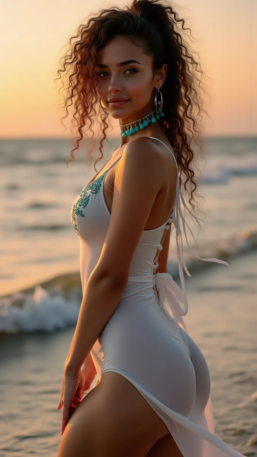 ((masterpiece、top-quality、ultra-definition、hight resolution))、4K picture quality、(Beautuful Women)、22year old、wetted skin、radiant eyes、perfect eyes、(Beautiful Egyptian sisters)、Blue theme, (maikurobikini:1.5),the beach, Background crowd、A sexy、((Curly hair in braids、Bun1))、view from back、