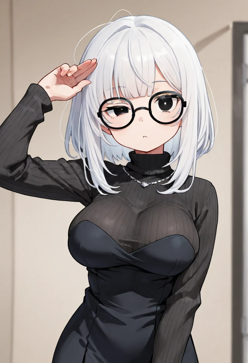fuyumi todoroki, 1girl, solo, breasts, short hair, blue eyes, large breasts, simple background, long sleeves, closed mouth, upper body, white hair, red hair, multicolored hair, lying, glasses, on back, sweater, streaked hair, turtleneck, feathers, black background, semi-rimless eyewear, ribbed sweater, under-rim eyewear, turtleneck sweater, black sweater, hand on own stomach <lora:FuyumiTodorokiLoRA-10:0.6>
