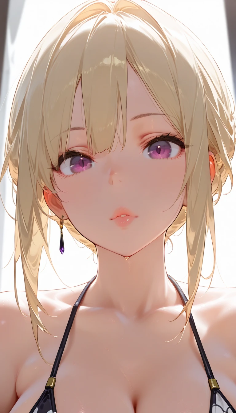 masterpiece, absurdres, best quality, ultra detailed, high Resolution, detailed illustration, bright colour, (extremely beautiful detailed face and eyes, Delicate beautiful face, 1 girl, cute face:1.3), (magenta eyes:1.1), sparkling eyes, big eyes, medium breasts, (perky breasts:1.1), (pointy breasts:1.1), medium hips, glamorous body, white skin, BREAK, long bob cut, (mesh color:1.3), (blonde hair:0.8), messy hair, detailed hair, shiny hair, BREAK (cute micro Bikini:1.5), perfect lighting, (embarrassed:1.5), (ecstasy, vulgarity:1.5), (trembling:0.8), From behind, beach,
