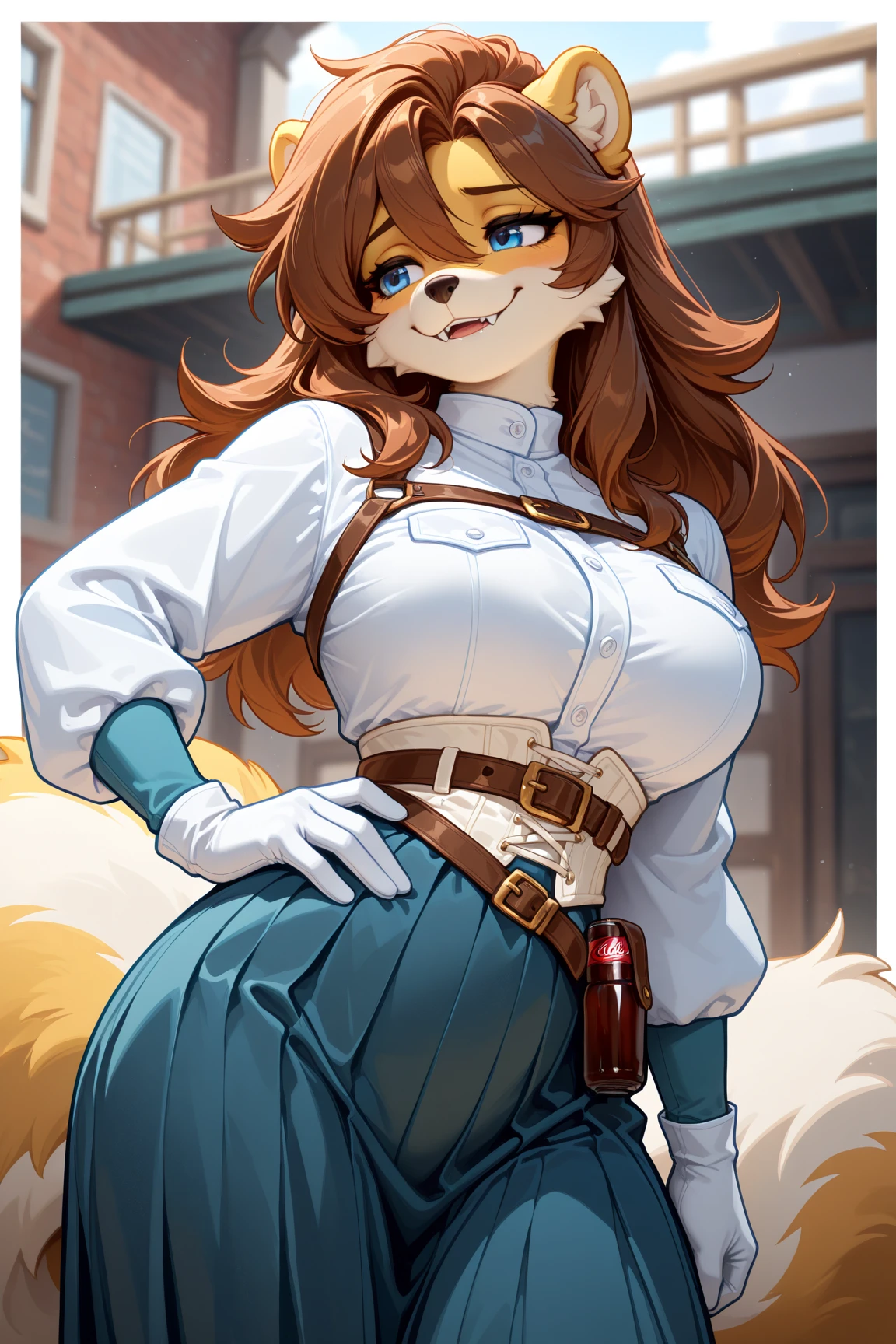 female anthro hyena,Brown long fluffy hair, fluffy hair, squirrel ears, hyena, big breasts, attractive, blazer, blue jacket,cleavage, decolletage,bra,(breast focus),long sleeves, plaid skirt, brown skirt, black thighhighs, thicc body, thicc body, thicc, freckles, freckles on face, neutral expression, smug eyes, high heels , garter belt tights, she is standing (thick thighs:1.2) bent over (low angle view)