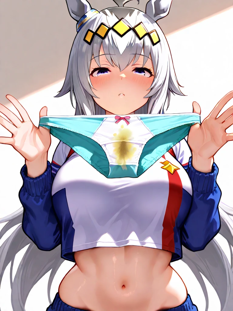 fang, 1girl, silver hair, twin tail, red eyes, Huge breasts, hanging breasted, huge-breasted, cheerleader, bare nipples, bra aside, panties aside, Looking at Viewer, Smile, skyporn, locker room,Swimsuit under clothes, From above, Nipple Tweaking, Areola,big areolae, puffy nipples, nipples through, (spoken heart), (((cum in mouth, cum in pussy, cum on body, cum on breasts, cum on hair, excessive cum, pussy cum))), ((best quality)), spread legs, sit, oral invitation, (finger to mouth)