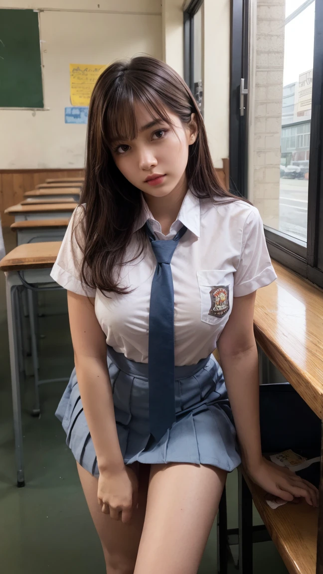 (Realistic:1.4), Highest quality, masterpiece, RAW32K Photo, (Very detailed美しい日本の女の子), (Very fine particles:1.2), (Baby Face),(Cute Face:1.2), Very detailed, Ultra-high resolution, wonderful, break,
(school uniform:1.5), Detailed school girl, (Bright classroom 1.3、Moody light), Beautiful detailed girl, blonde、Cute Face, mini skirt,(thigh)、(((She lifted her skirt to reveal her white panties.)))、((Ponytail Hair、Brown Hair))、big Breasts、big 、Gal