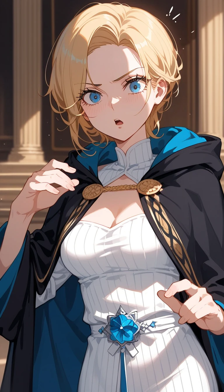 ((Best quality)), ((Masterpiece)), (detailed), perfect face perfect figure, Middle Ages, forest background, Sorceress Woman, woman in a robe, Golden hair, Blue eyes, tight blue robe