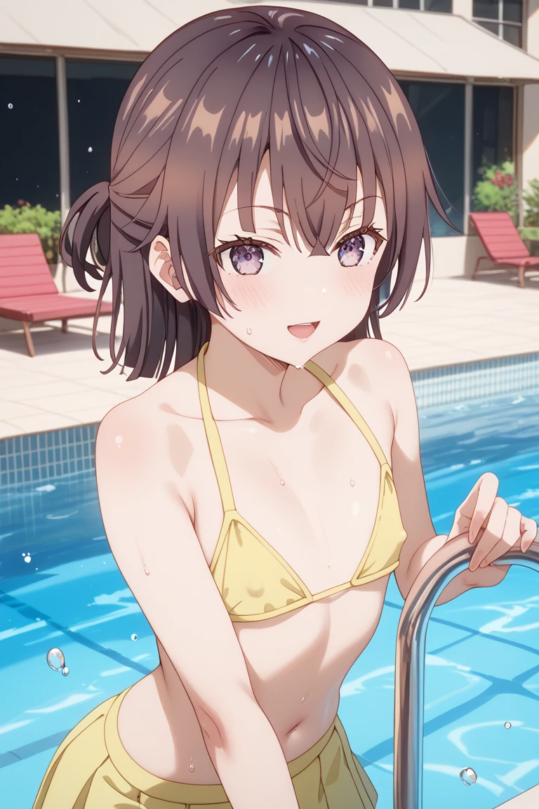 (((pixel-perfect, detail-perfect))), solo, 1girl, kasumi nakasu, eyes violet, smile, pool, bikini, armpit, flat filesize, ultra High Qality