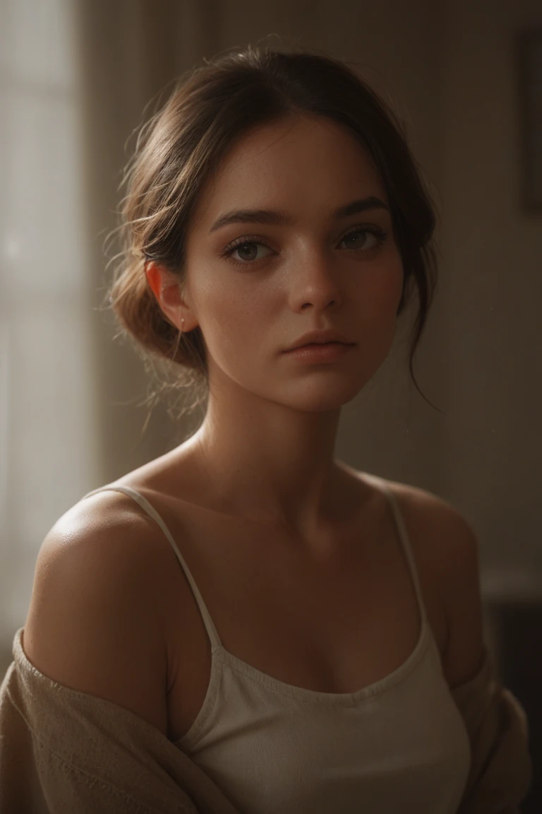(RAW photo, best quality), ((Nostalgia,1980s syle)),(A girl with a literary atmosphere:1.2),(realistic, photo-realistic:1.3), extremely delicate and beautiful, Amazing, finely detail, masterpiece, ultra-detailed, highres,best illustration, best shadow,intricate,depth of field,(closeup portrait of a young beautiful woman:1.2),long hair,messy hair,((((low key,dark scene,dimly lit)))),(((soft lighting:1.4))),(pale skin:1.4),(shy smile),(cinematic angle),sharp focus, volumetric fog, 8k UHD, DSLR, high quality,( film grain:1.4), Fujifilm XT3,(looking at viewer), pale skin