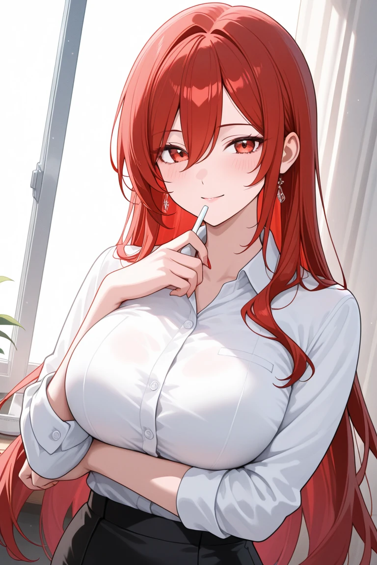 High quality, red hair, long hair, green eyes, Office lady, topless, Blind nipples, sexy, The skirt is very short., Slut, 4K
