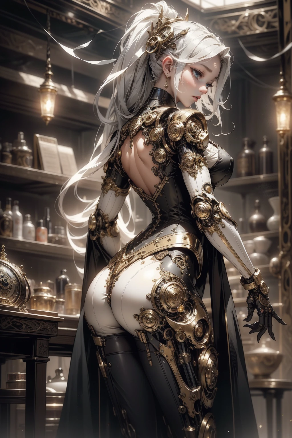 European and American style beautiful girl, blonde long hair curly, phoenix eyes, clear light eyebrows, eye shadow, lip moisturizer, beautiful body, beautiful curves, super exaggerated giant breast weight, big thick legs, sexy and charming, mecha, steampunk, gears, pipes, precision parts, clocks, time and space stay, gyration, rotation, static, gothic steampunk, tyndal effect, ray tracing, warm and cold light, haze, rain and thunder, rain ticking, water stains, (((mechanical luminescent pattern of clothes)), laser spandex, oily luster, ray electricity, Electric Light Phantom, Thunder Flash, Luminous Cannon, War Fear, Thunder Destruction,
