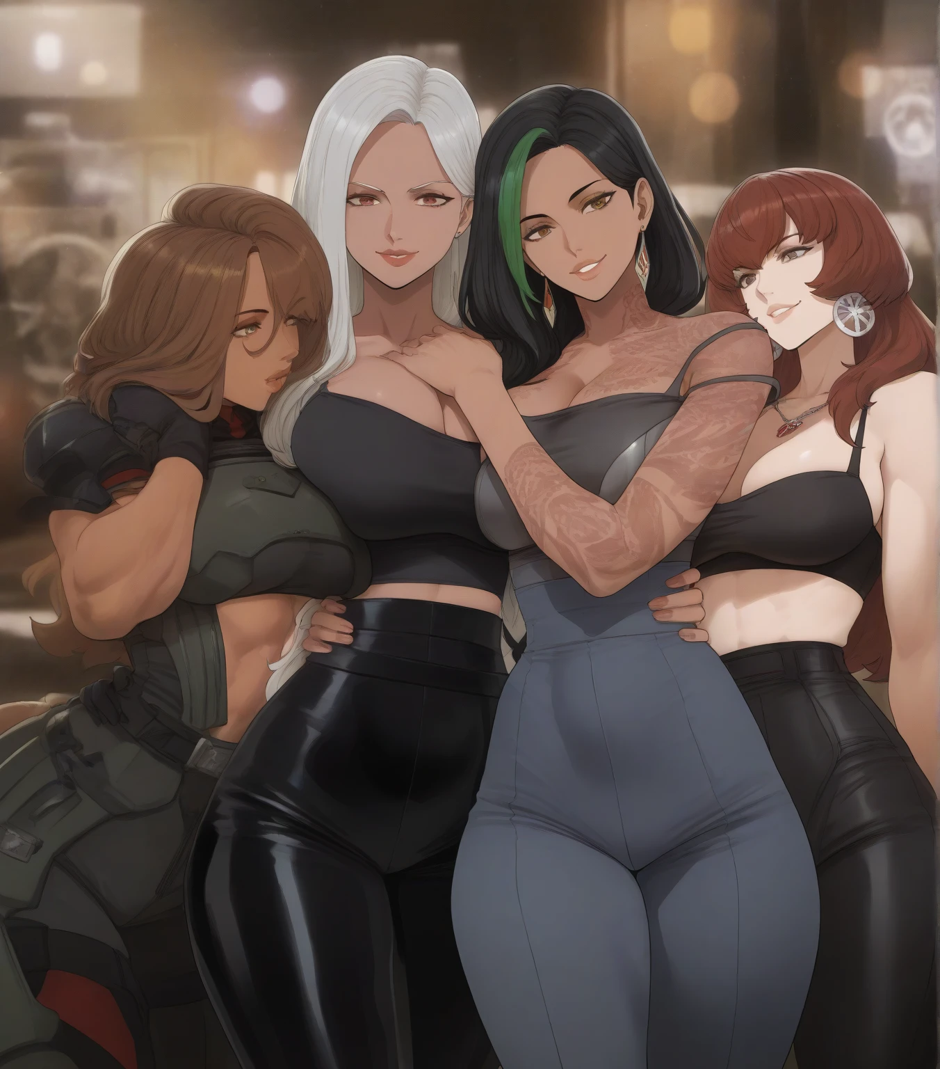 MILF, 3 girls, big breasts, giant breasts, huge round fake breasts, mature woman, with ((((( huge fake breasts:43.7 ))))) heavy breasts, long BLUE and SILVER hair, light-skinned woman, with a close-fitting BLACK dress, with a low neckline on the chest, green eyes, a large and curvy waist, with large and well-defined back muscles, triceps and biceps arms, shoulders, back, thighs and calves, with a well-defined abdomen , in the background the center of Tokyo in the city, with an advertisement in the background and out-of-focus lights, full breasts, breasts bigger than your head, mature face, curvy woman, thick thighs, voluptuous woman, soft breasts, mommy breasts, nice pink, dyed hair, many hairstyles, being one, pantyhose with panties hanging, looking at each other, mouth kissing one of the breasts