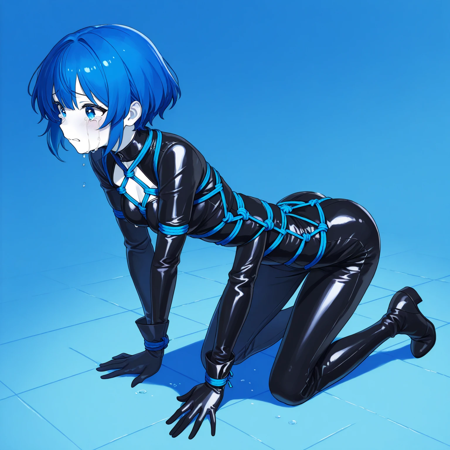 Lucina, full body, blue hairs, blue eyes, grin, purple nails, polish nails, black tight leotard, black pantyhoses, high thigh boots, high heels, black boots, one hand on buttocks, looking to the viewer,  hand in front of a blue void, bend top body, frowning