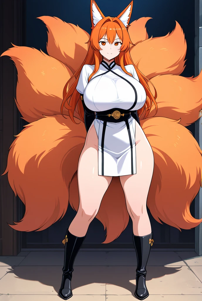 Roxanne Demin kin 1girl, solo, medium breasts, body position: standing, straight, symmetrical, barefoot, lustful smile on face with red blush, fluffy ears, dog ears, blonde hair