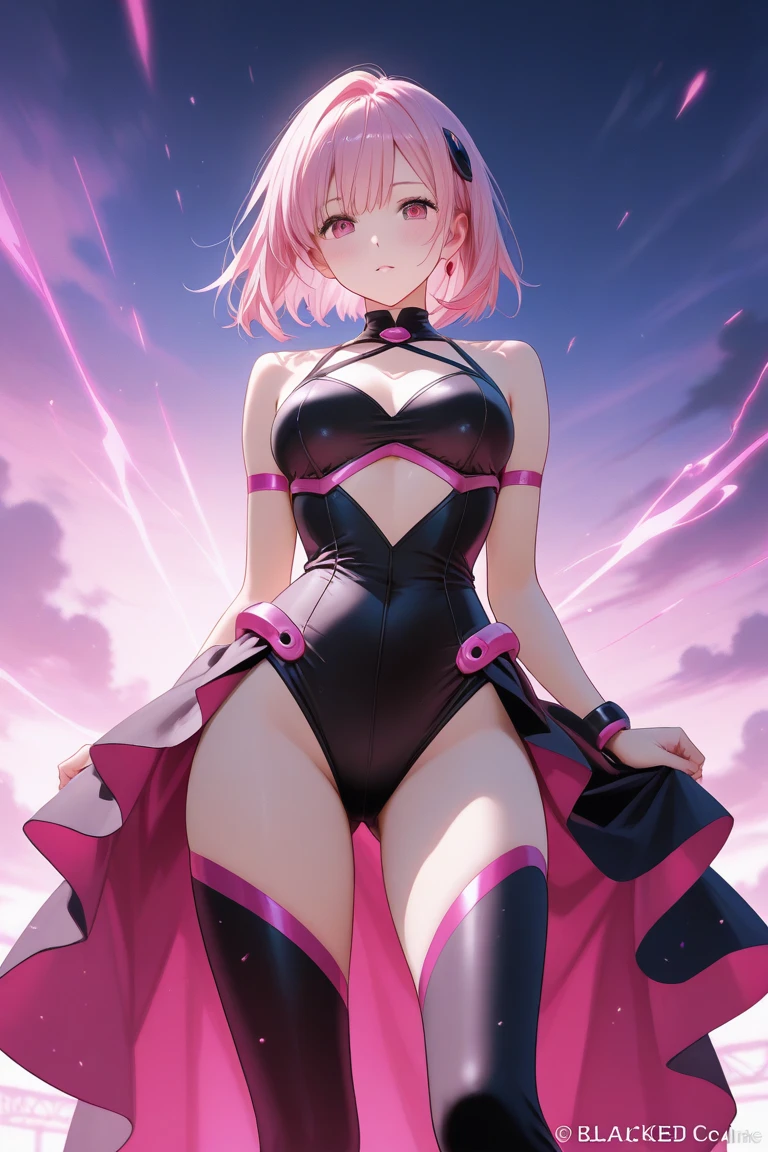 (masterpiece), best quality, expressive eyes, perfect face, full body shot, 1girl, looking at viewer, highleg leotard, black leotard, bare shoulders, huge breasts, navel, navel cutout, slim waist, wide hips, legs apart, thighs, thick thighs, ass visible through thighs, tigh strap, thigh gap, short hair, pink hair, purple eyes, smile, open mouth blush, (Simple background:1.2)