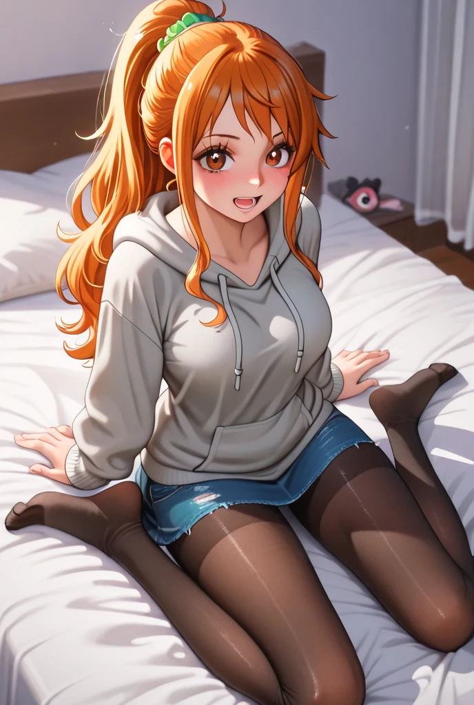 Kim possible spreading her legs while wearing white long socks on her beautiful feet, hot pose , seductive , tanned , sexy pose , max detail , max quality , bedroom , beautiful thighs