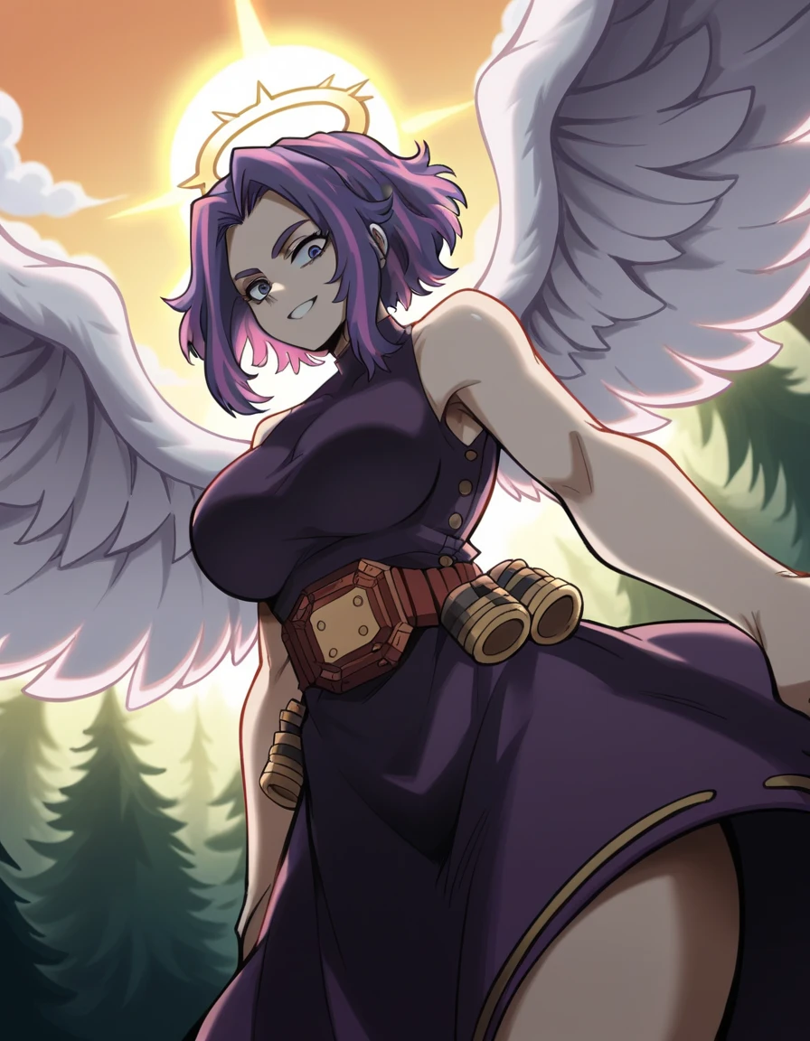jibril 1girl, solo, long hair, breasts, sideboob, halo, pink hair, pink stocking, low wings, compass rose halo, wings, navel, book, gloves, bird ears, midriff, magic circle, asymmetrical legwear, angel, angel wings, animal ears, very long hair, yellow eyes, white wings, large breasts, mismatched legwear, single shoe, feathered wings, orange eyes, shoes, multicolored eyes, thighhighs, crop top, cross, multicolored hair, gradient hair, looking at viewer,, smile