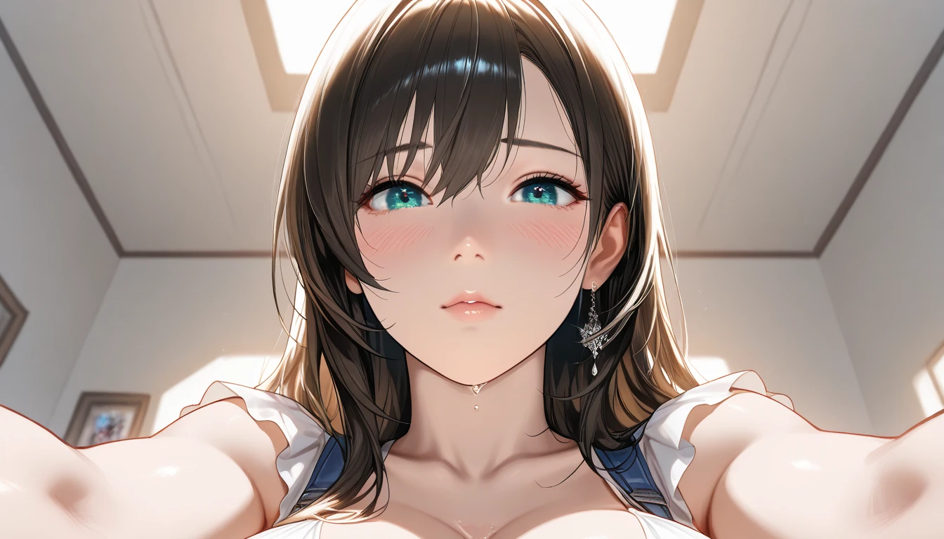 Highest quality、High resolution、masterpiece、beautiful、Robot Woman、Half Up Hair、Dark brown hair、White glossy chest、White and dark blue body、Body part々The mechanical parts can be seen in、Light、青いLight、smile、Kind Face、Slightly droopy eyes、blush、Light-colored lips、Inside the spacecraft, there are many instruments、universe space、Narrow your eyes and wait for a kiss、Embarrassed