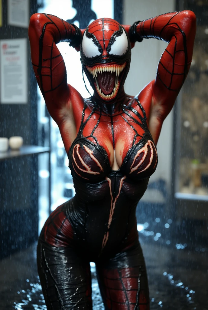 ((best quality)), ((masterpiece)), 8k, (detailed), perfect face, (((Big tits ))), hot young busty girl, black lava outfit, stocking, black latex slime, beautyful face, (( long length hair)), ((detailed eyes)), lightning in the background, ((dark horror castle in the background, ((lace thigh fix), garter belts (((the clothes melt off her))), (((black paint splattered on it))), (flying dragon in a background), red damaged corset, ((her clothes were torn in several places))), latex lingerie, (nun costume), venom, black dark venom, ((black lacy brassiere)), perfect detailed, ((((it is photographed from above)))), black latex, ?????? pose, big tits, long white hair, detailed eyes, ((from above)), (((she push her  out))), from below, (wearing a black venom spiderman mask), (black bunny), black veil, ((BIG BOOBIES)), dark angel