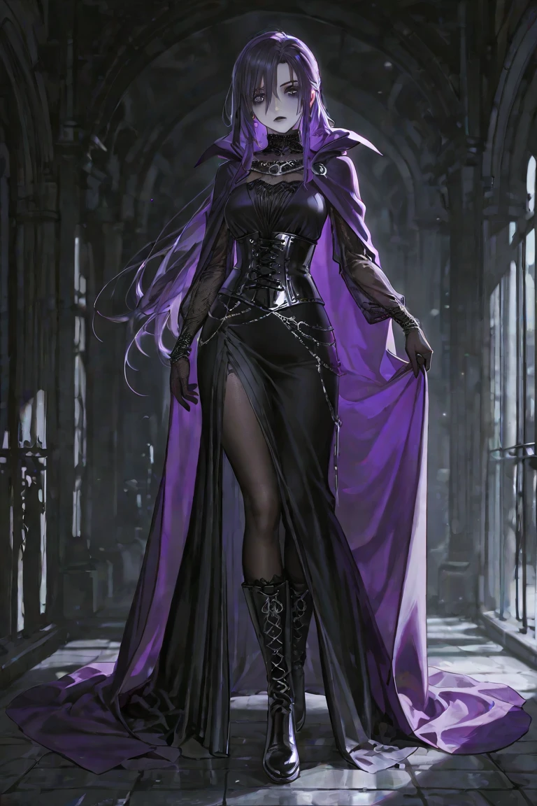 Gothic woman, purple hair, elf, necromancer full body