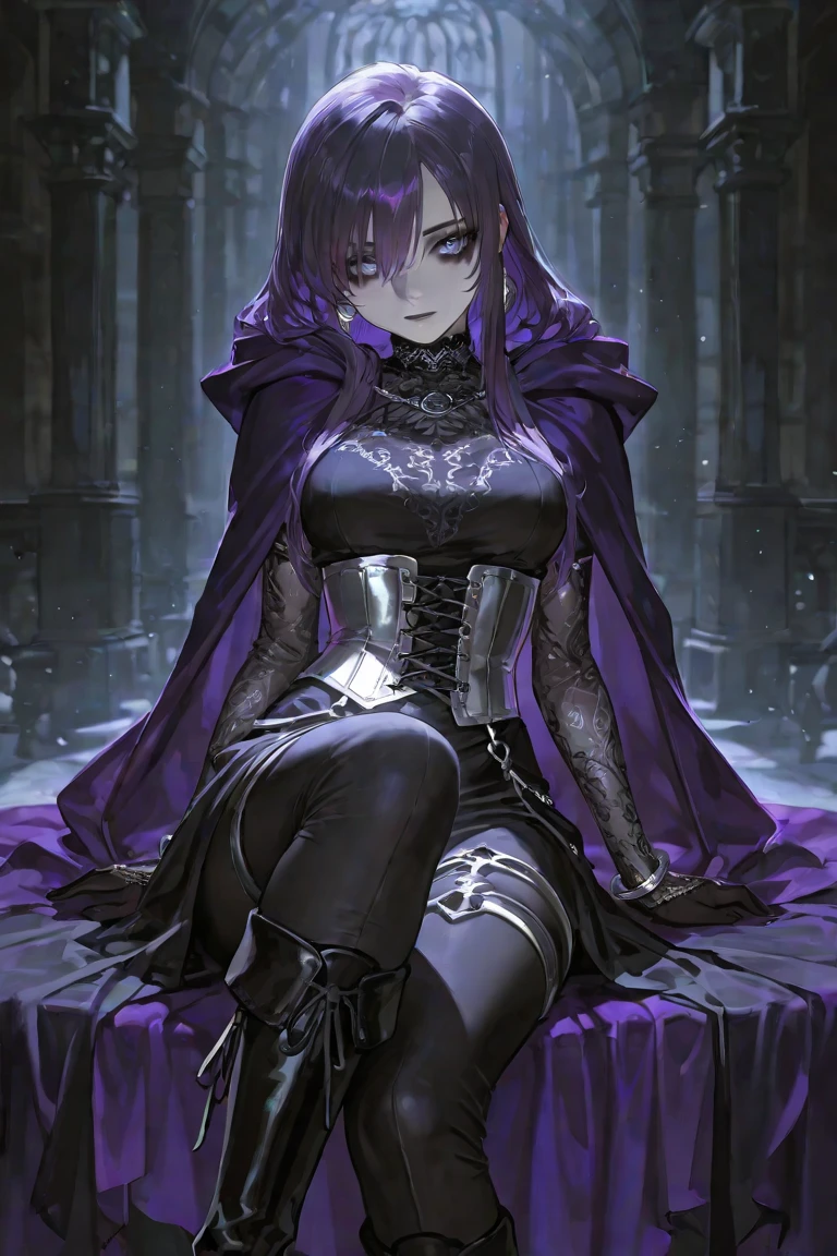 high resolution, Masterpiece, , The image depicts a young woman lying down. Her attire consists of a short, thigh-length nightgown. She rests comfortably, and beside her pillow lies a weapon, a dream blade of a striking, luminous blue.
Serena is a slender young woman, approximately 160 centimeters tall. Her skin is pale, a testament to her life spent in the shadows. Her dark, raven hair falls to her mid-back, often flowing freely in the breeze. Her eyes are a soft blue, but when she utilizes the power of nightmares, they shift to a vibrant, glowing purple. She typically dons a long, black cloak that helps her blend into the darkness, with a hood that partially conceals her face.
Serena's clothing prioritizes ease of movement and protection. The tall boots she wears allow her to move silently, leaving no trace. A short dagger is secured at her waist, her primary weapon for slaying foes within her nightmares.
She possesses a cool and composed demeanor, but beneath this calm surface lies a fierce determination to avenge those who wronged her. Serena's face bears the weight of sorrow, but when she enters combat, her eyes radiate a chilling ferocity and courage.