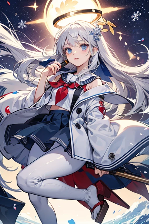 Island Breeze、blush,smile、Silver Hair、Combat Uniform、Sailor suit、Silver Hair、Long Hair、Primary school students、The back is very small、Lolita、Small breasts、Please show me your armpits、exterior: 14 years old、Shoulder Bare、The clavicle is visible、Sexy thighs、Beautiful feet、Usual hairstyle、highest quality, High resolution, unity 8k wallpaper, (shape:0.8), (Beautiful and beautiful eyes:1.6), Highly detailed face, Perfect lighting, Extremely detailed CG, (Perfect hands, Perfect Anatomy),