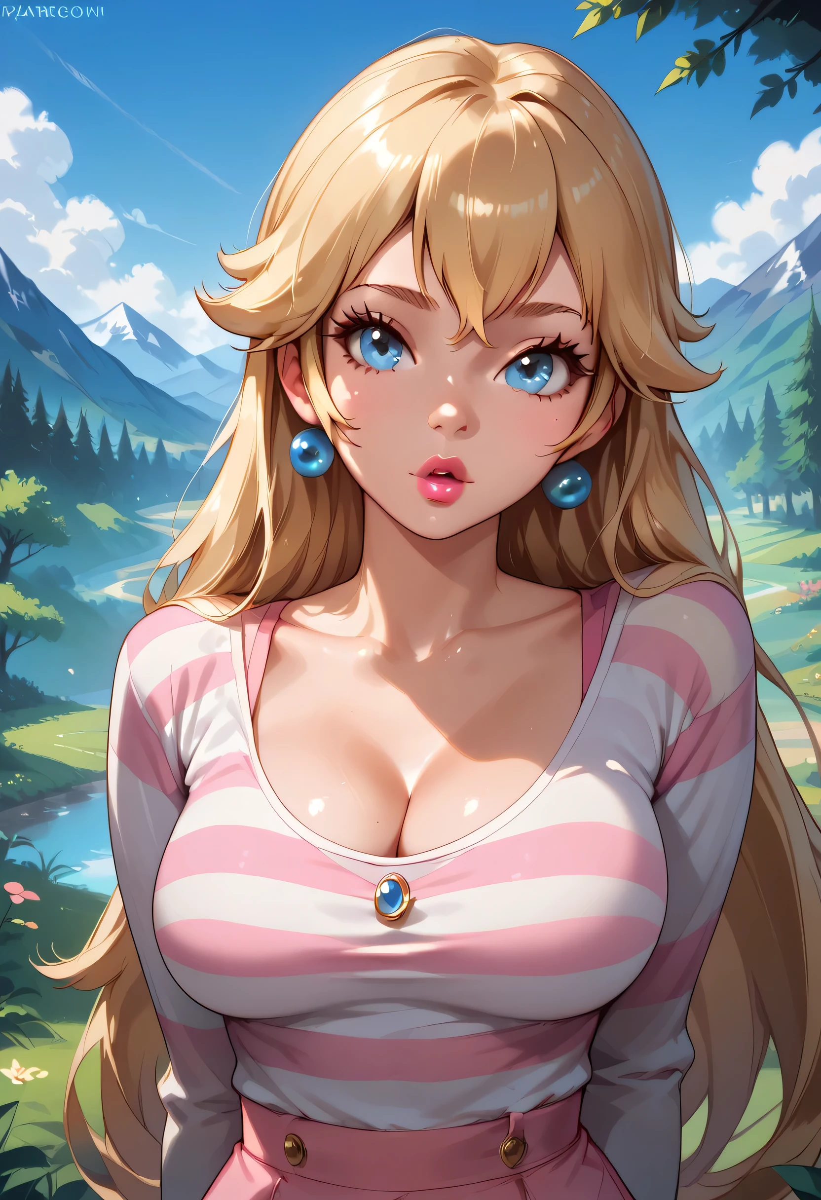 Perfect Face, Perfect Body), Blonde Hair, Very Long Hair, Blond Thin Eyebrows, Nose, Lips, Pink Lips, Parted Lips, Collarbone, Cleavage, (Big Breasts, Perfect Breasts), (Striped Shirt, Long Sleeves Shirt), Arms Behind Back, Looking At Viewer, (Blue Sky, Trees, Mountain, Roading), (Princess Peach)