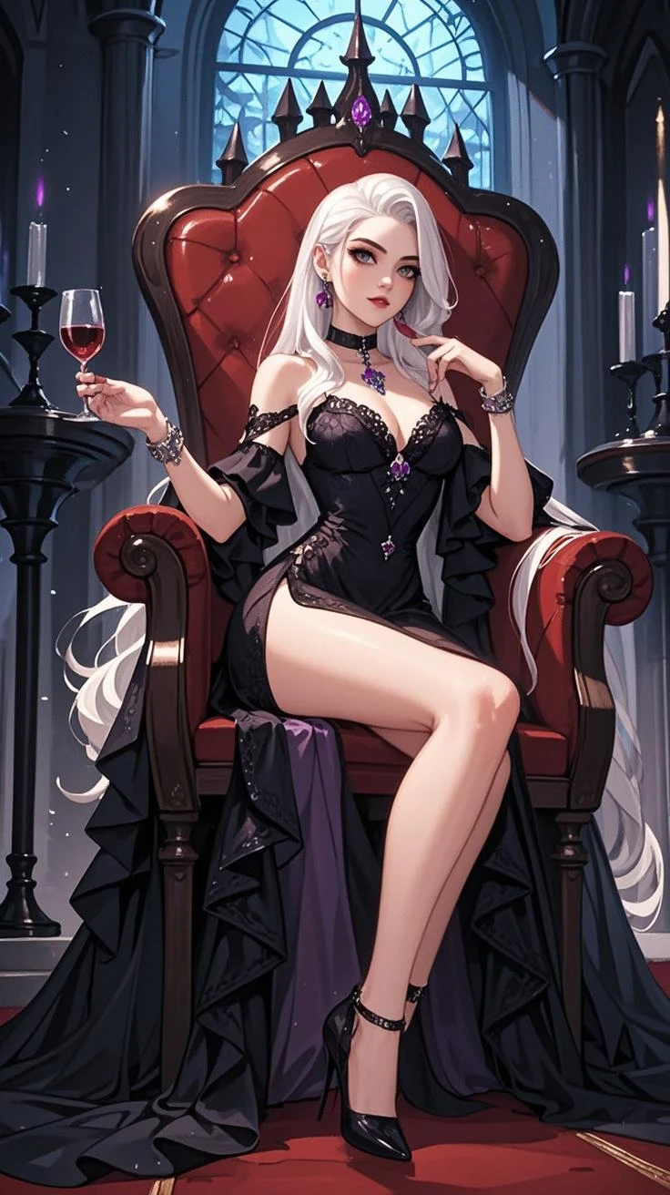 "Esdeath, The General of the Elite, posing in a luxurious room with candles and red silk. She wears a tight black corset that highlights her curves and a pair of leather gloves that reach to the shoulder.. Her long white hair cascades down her back. She is sitting on a red velvet chair, with one leg crossed over the other, showing her black underwear and transparencies. In one hand he holds a glass of red wine and in the other, a black whip. Her gaze is seductive and dominant. At the bottom, a city on fire and a dark sky, symbolizing his power and control. Make the art detailed and realistic, with shadows and lights that highlight your figure