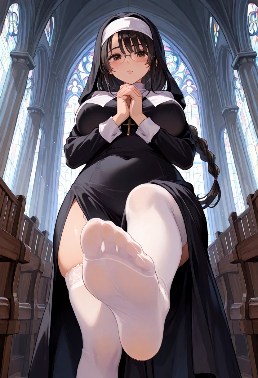 Nun's feet, pictures taken from the soles of the feet upwards, animations, extremely delicate CG animations, churches, revealed vaginas, low angles, beautiful girl's feet, open legs, delicate legs, sticking out the tongue, upturned eyes, rosy cheeks