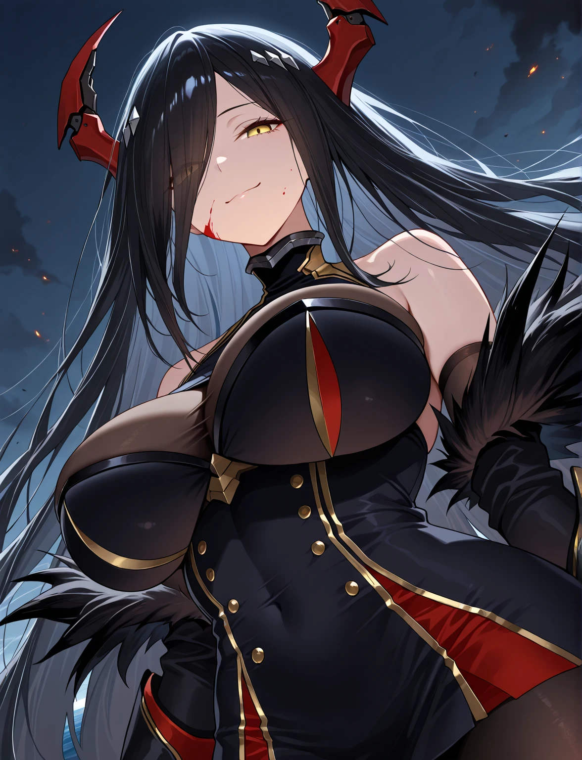 ((solo)), (woman), light tanned skin, cherry red eyes, raven black hair, very long messy hair, vibrant red colored inner hair, (sculpted body), medium-big breasts, thick, mature body, a close up of a person with a scythe in a desolate land detailed key anime art, acheron, casimir art, masamune shiro, masamune, beautiful woman in demon slayer art, genshin, heise jinyao, shadowverse style, (no logos), eclipse, black powers, twilight scenery, detailed clothes, eye reflection, depth of field, cinematic lighting, ray tracing, depth of field, cinematic lighting, ray tracing, UHD, high details, best quality, highres, high quality, award winning, super detail, masterpiece, 8k, UHD, high details, best quality, highres, high quality, award winning, super detail, masterpiece, 8k, digital art, anime coloring