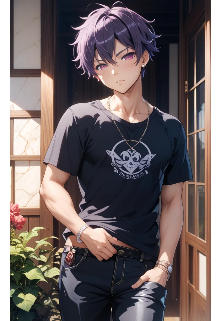 Boy wearing a bra、solo、Purple Hair、Purple Eyes、hair clip、Short Hair、Light blue bra、boy is a wearing a female panty、bra with an light blue、panty with an light blue、Naughty anime style、SFW version、(SFW) Safe at Work、A boy is standing、High resolution、Very detailed、high quality、(male body:1.7)、(female face:1.3)、