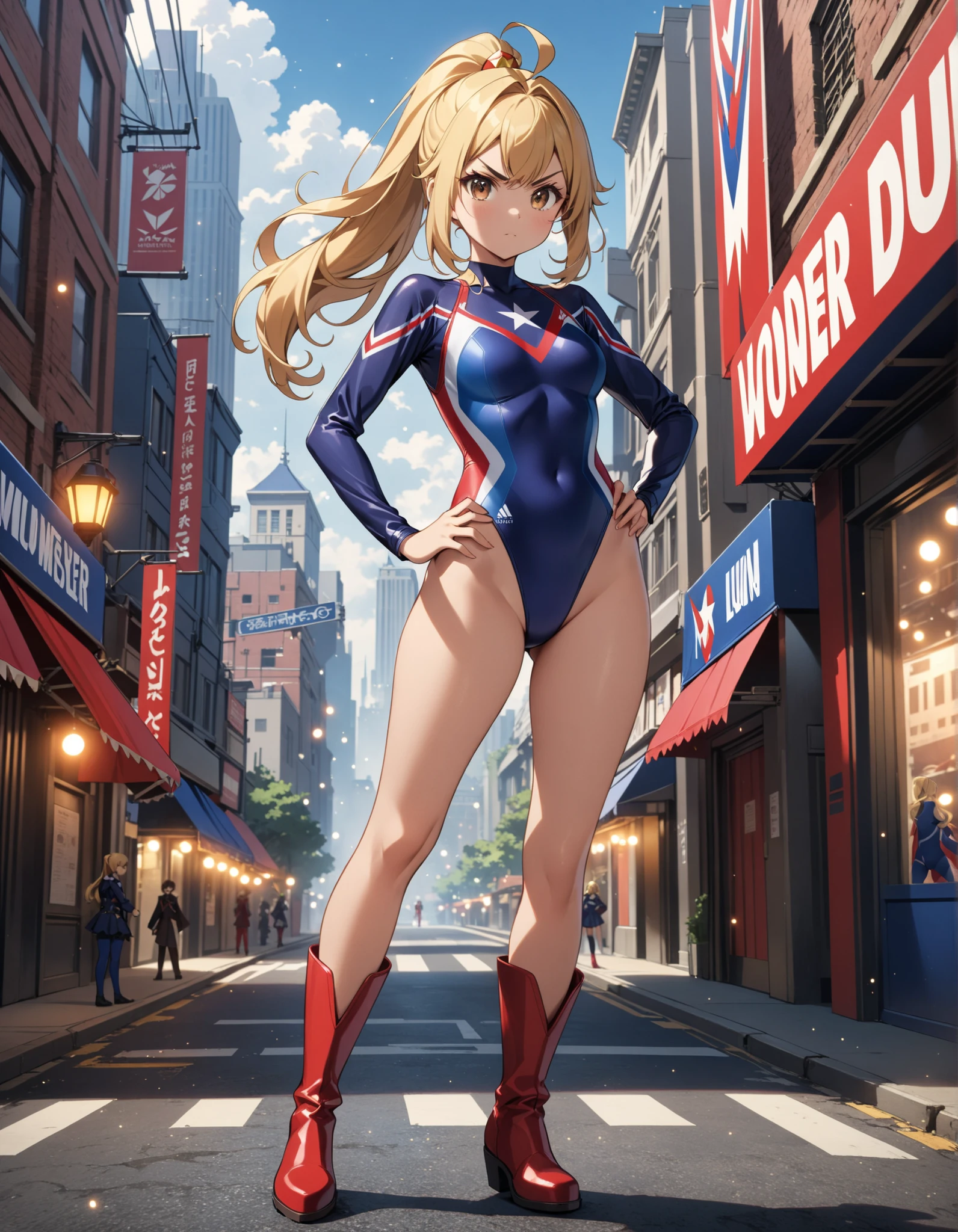 masterpiece, best quality, highres, 1girl, solo, superhero, (leotard, blue leotard with white accents, sleeveless), bare legs, boots, matching boots, gloves, bracelets, matching gloves, looking at viewer, city backdrop, perfect hands, perfect eyes, perfect leotard, perfect legs, perfect arms, perfect fingers, ((red diamond crest on chest)), (blonde hair, blue eyes, medium breasts, long hair), ahoge, standing straight, hands on hip, full body shot, heroic, (blue glow)