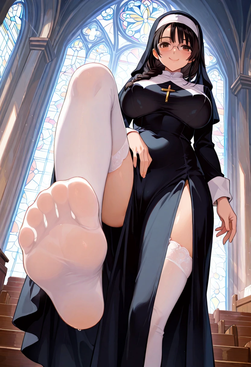 (masterpiece, best quality, high quality, highres, ultra-detailed), 1girl, bangs, white hair, long hair, red eyes, necklace, earrings, mature female, looking at viewer, mommy like body build, blue sky, older female, thick, thicc, medium breasts, extra wide hips, (nun dress, looking directly at viewer, standing), from below angle view, light evil smile, thick thighs, hand on table, closed mouth, (foot focus, toes, feet)