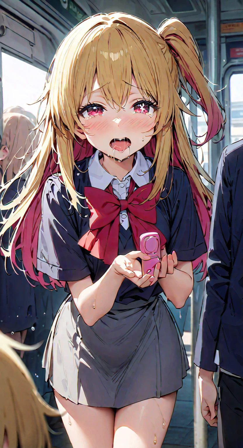 (throw_hand, pink vibrator remote switch in throw_hand, throw:1.2), Highest quality, Super detailed, masterpiece, Ultra-high resolution, 8k, Ridiculous, Cowboy Shooting, Blurred, One girl, Embarrassing, blush, Lovely, , With tears in her eyes and her mouth open, What saliva leaves behind, Wet skirt hem, Not wearing pants, Bulging of the vibrator cord, Vibrator with Garters, Subway car interior background, In a crowded group of women,Squirting、Ahegao、Ecstasy face,hoshino ruby, blonde hair, long hair, one side up, red eyes, mismatched pupils, star-shaped pupils,
, red bow, grey skirt,