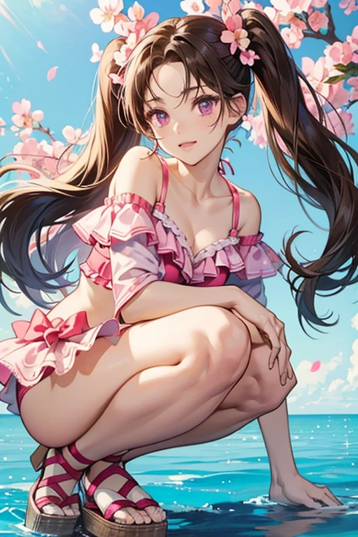 1 girl, japanese, 14 years old, white skin, large breasts:0.5, watching the view, (smile:1.5),
beautiful detailed eyes, (middle hair:1.4, hair slicked back, folded ponytail:1.5), brown hair, (navel:1.1), under boob, beautiful clavicle, babyface,
(metallic red micro bikini:1.5), bikini accessories,
hugging own legs,
(beautiful scenery), day time, , (tropical beaches:1.5),
(8k, maximum quality, masterpiece), movie lighting,