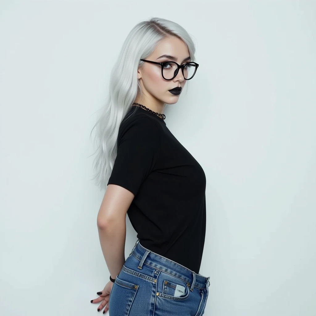 create a white Japanese woman with five arms, bangs, short white hair down to her chin and two strands of hair down to her shoulders, thin, with tattoos all over her body, round black glasses, black kimono with futuristic black pants, all full body, cyberpunk style , she has a serious expression, she has several arms coming out of her back and forming wings with arms crossed over each other, she is holding several katanas