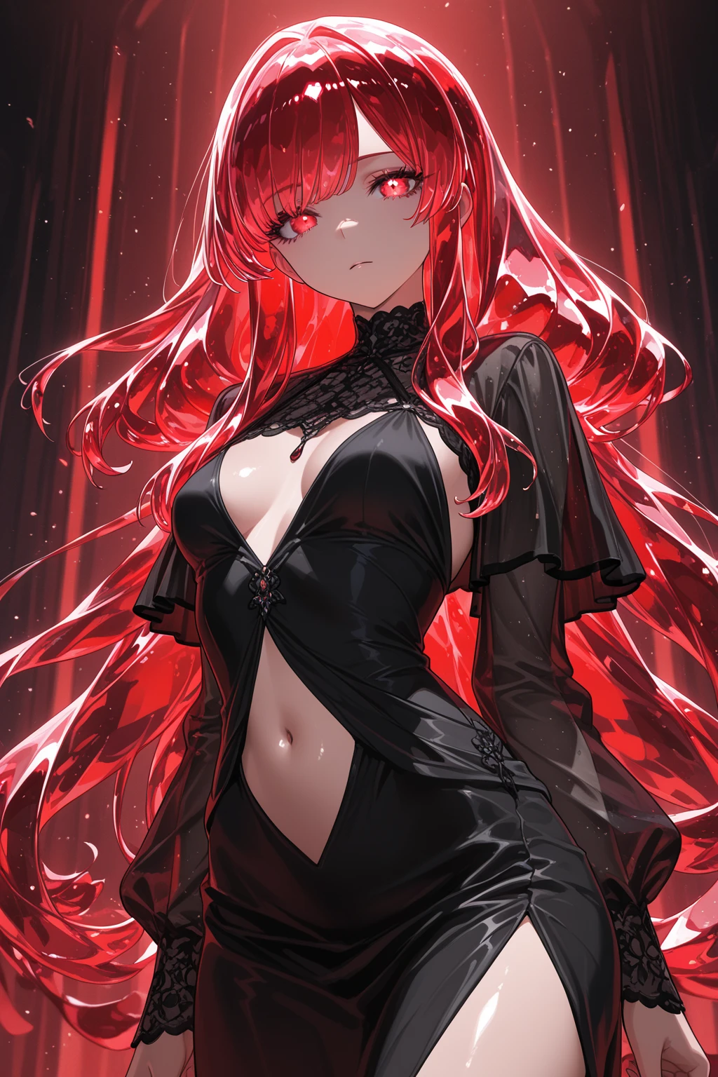 Chica alta vestida de Body negro con cadenas brillosas vistosas. Collarcadenas de 3 vueltas con candado de dige. vestido de negro. Rojo colorada roja ella tiene el pelo rojo y tiene de ojos verdes se prepara para su amo ella la esclava de su amado ama ponerse cadenas al cuerpo es boluptuosa