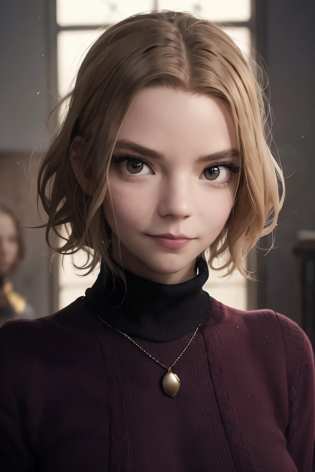 masterpiece, Best Quality, Illustration, Ultra-detailed, finely detail, hight resolution, 8K Wallpaper, Perfect dynamic composition, Beautiful detailed eyes, 内巻きカールヘアー, (short bob cut hair:1.2), forehead, sneering, mature, (Beautie:1.2), looking at camera, sidelong glance, glares, sullenness, Downer, make up, upper body, (evil grin:1.1), turtleneck sweater, portrait,