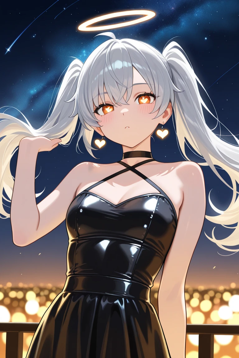 best quality, 1girl, dark sky ,eclipse, white black star dress, long grey hair, grey eyes, smile, stars