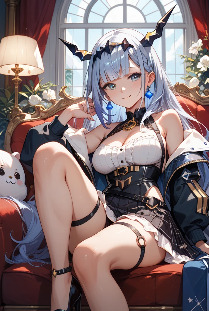 ((masterpiece,best quality)), 1girl, labrynth, , short hair, horn, no underwear, heel, sitting, from below, smile, legs crossed, hand on chin