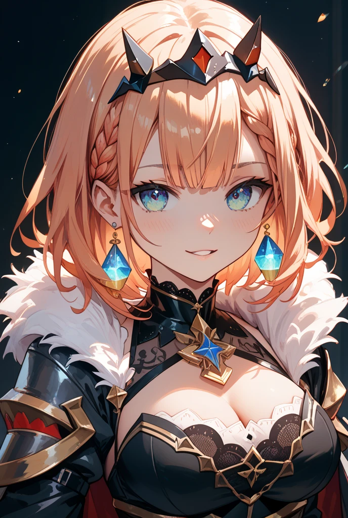 tits、cleavage, smile, face palm、middle ages, fantasy, floating city, breasts close up, blonde ((((((hair over one eye)))))), Braid Styles, spiked hair, blunt bangs, bob hair, a braid, Ahoge red eyes, off shoulder,