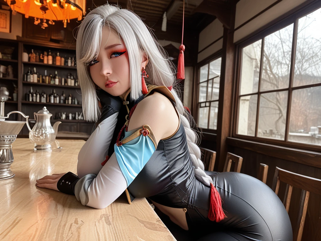 (masterpiece, best quality:1.2), intricate details, mythmaker irelia, 1girl, hair ornament, hair rings, bare shoulders, dress, detached sleeves, forehead mark, multicolored hair, white hair, earrings, green eyes, textured skin, looking at viewer, solo, light smile, (mature female:1.2),public ,sexy pose :1.6,Revealing breasts, revealing cleavage