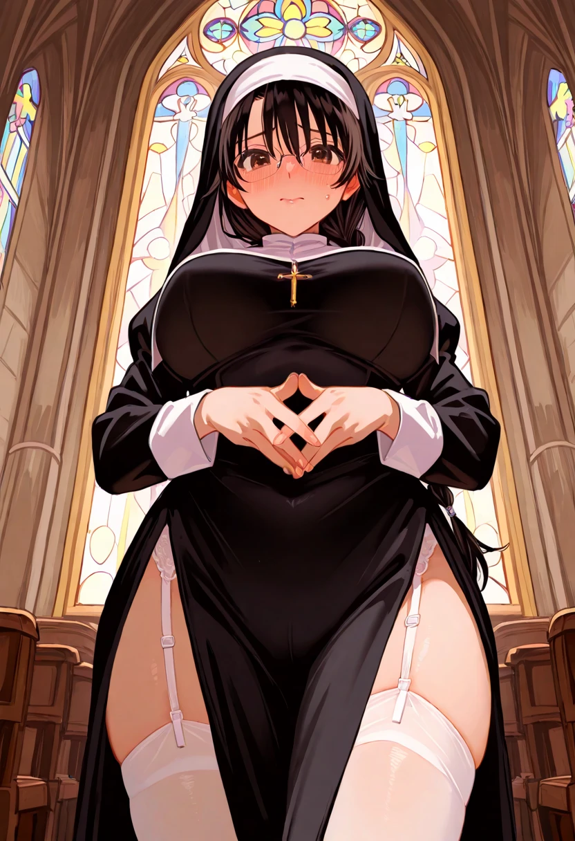 masterpiece, best quality,1girl, (breasts:1.1)sagging breasts,black hair,green eyes ,nun,church ,cross necklace ,bodysuit 