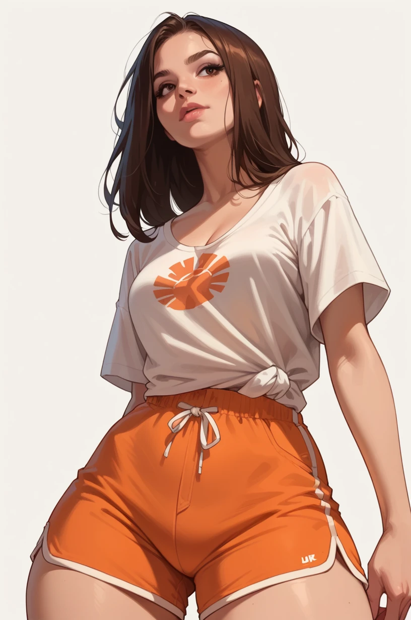 uma menina, latina face, brown skin, long natural curly brown hair, Stand up, maquiagem, Lips are soft or colored, fundo simples, provocador, surprised facial expression, bashful, simple lighting and texture, fundo branco, large clothes, long sportwear
