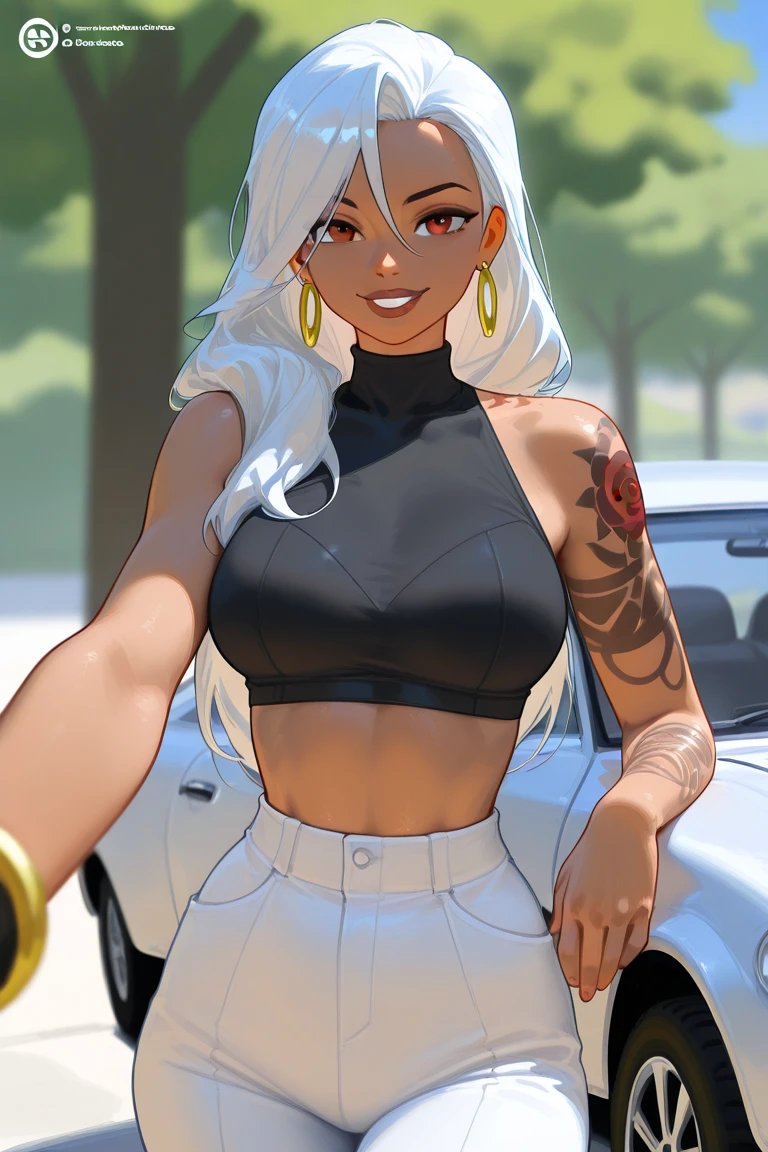 A sun-drenched California road trip. A beautiful Ukrainian woman with a messy braid adorned with silver charms leans against a vintage car. The wind whips through her hair as she confidently poses in a light gray, velvety crop top with a loose crew neck that showcases her figure. The soft material contrasts with her stylishly ripped, high-waisted black skinny jeans, emphasizing the way her legs stand together, a subtle hint of a thigh gap adding a touch of rock-and-roll edge. (legs together, thigh gap) --[without clothes]. Realistic 16K]