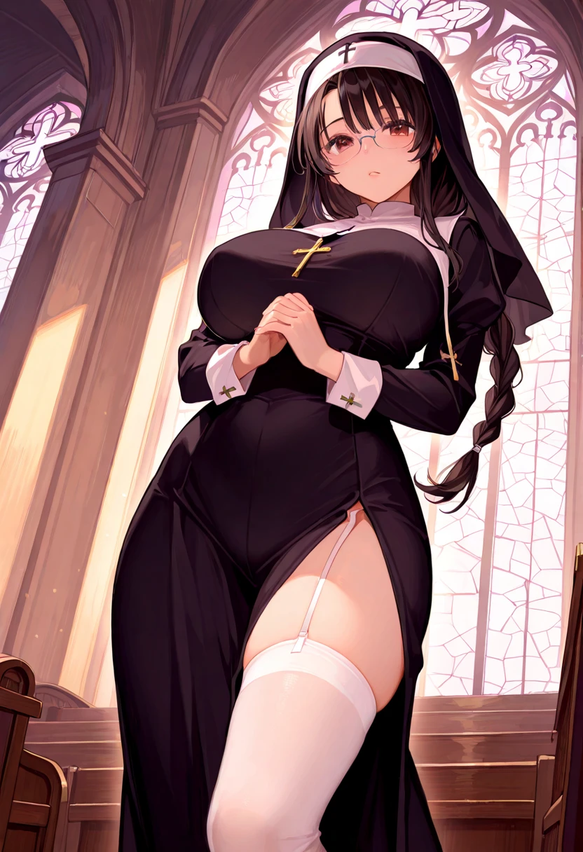 ariana grande in closet, pews in background, wearing nun habit, y nun outfit, bigbig breasts:1.e, holding prayer sleeveless, bare legs, huge breasts